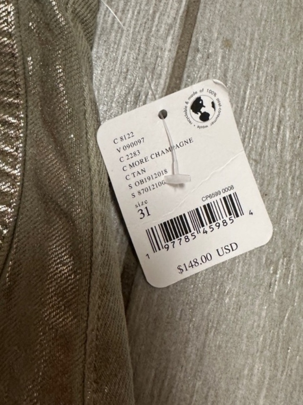 NWT FREE PEOPLE WE THE FREE METALLIC CHAMPAGNE GOOD LUCK BARREL JEANS SZ: 31 - Picture 2 of 2